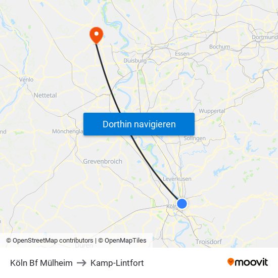 Köln Bf Mülheim to Kamp-Lintfort map