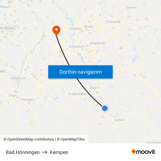 Bad Hönningen to Kempen map