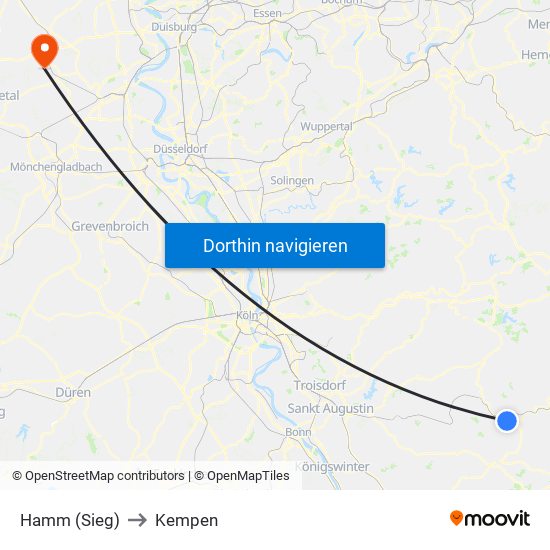 Hamm (Sieg) to Kempen map