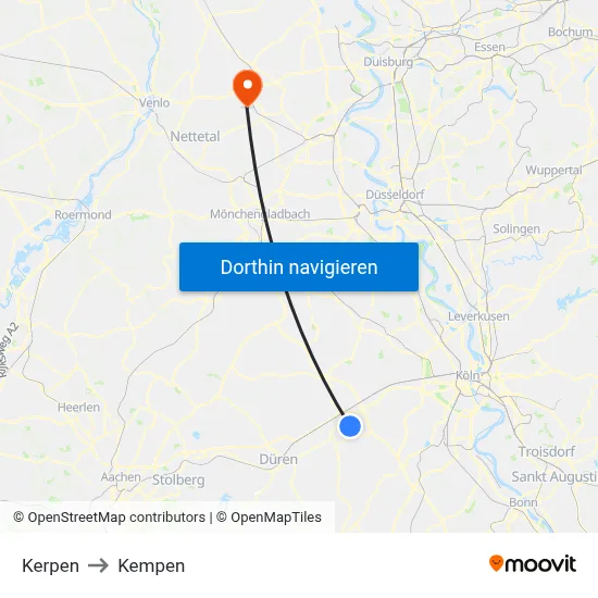 Kerpen to Kempen map