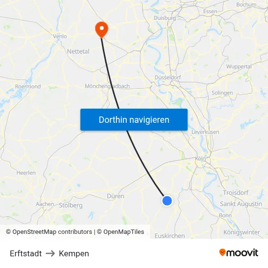 Erftstadt to Kempen map
