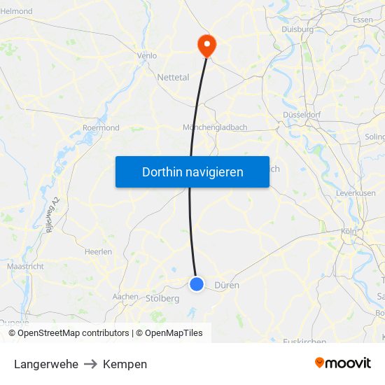 Langerwehe to Kempen map