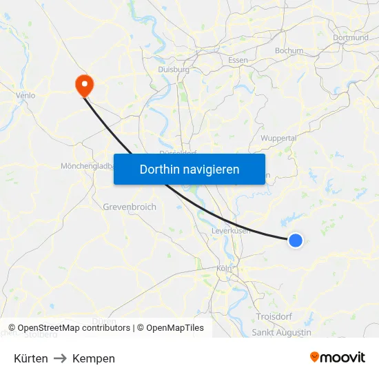 Kürten to Kempen map