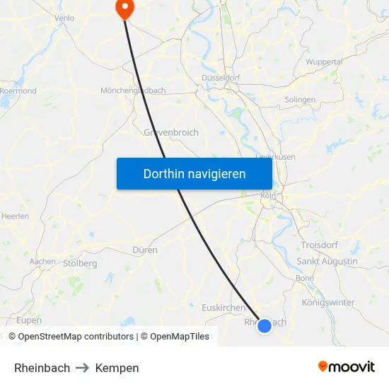Rheinbach to Kempen map