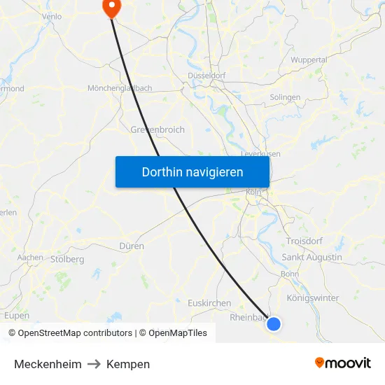 Meckenheim to Kempen map