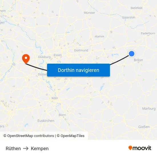 Rüthen to Kempen map