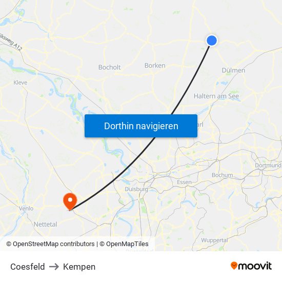 Coesfeld to Kempen map