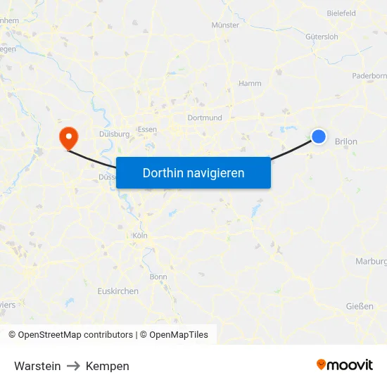 Warstein to Kempen map