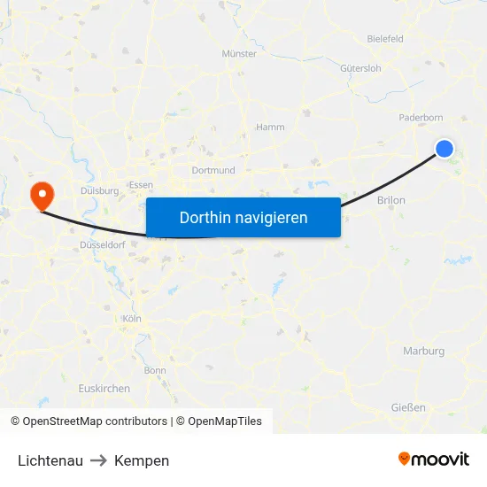 Lichtenau to Kempen map
