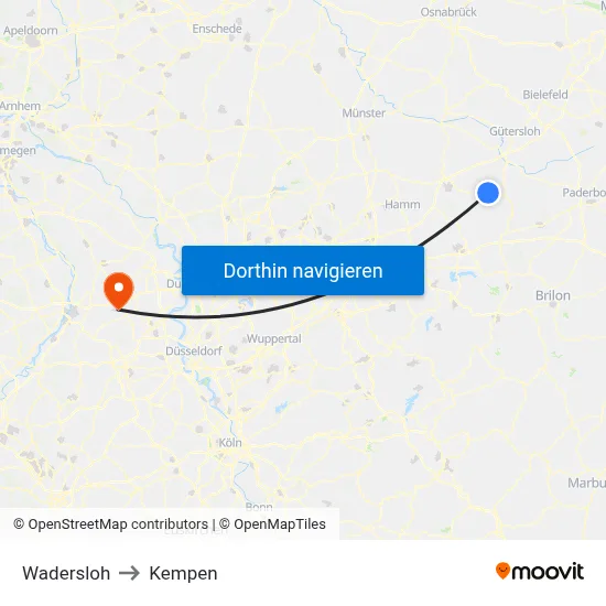 Wadersloh to Kempen map