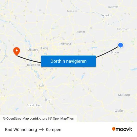 Bad Wünnenberg to Kempen map