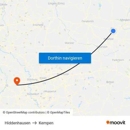 Hiddenhausen to Kempen map