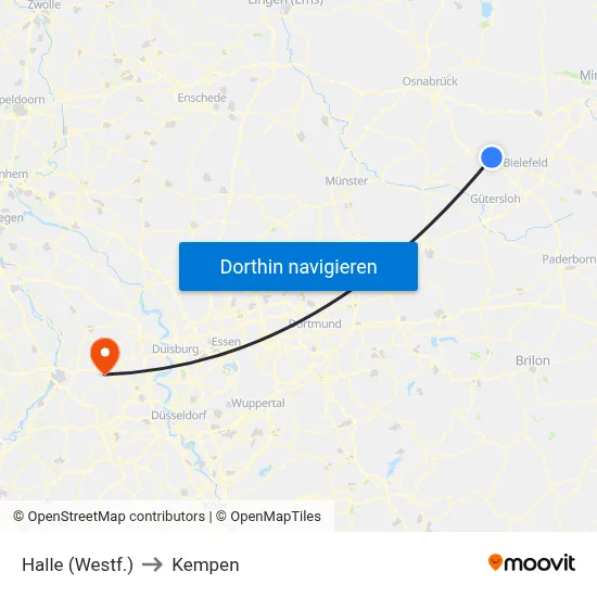 Halle (Westf.) to Kempen map