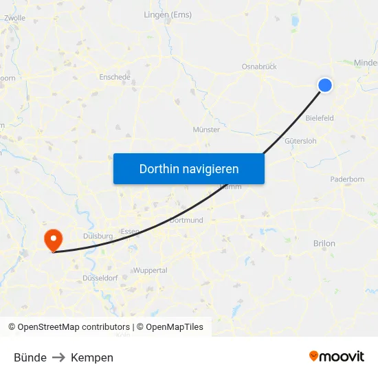 Bünde to Kempen map