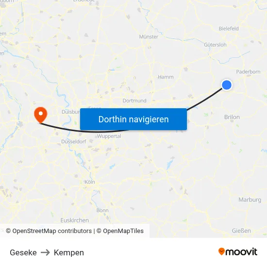 Geseke to Kempen map