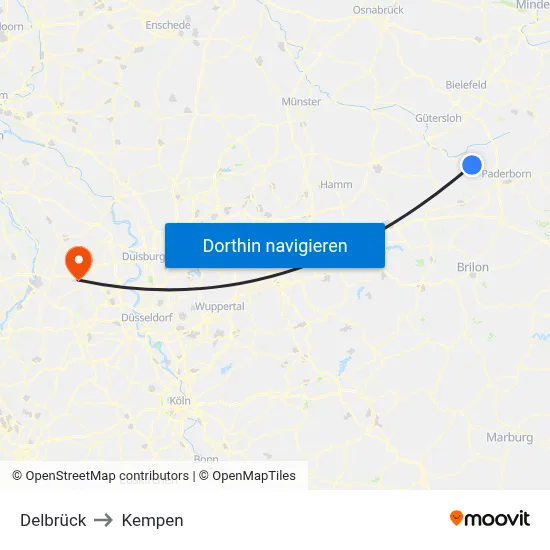Delbrück to Kempen map