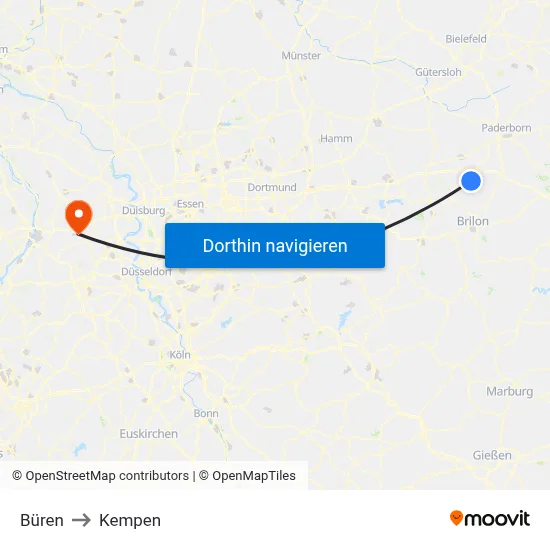 Büren to Kempen map