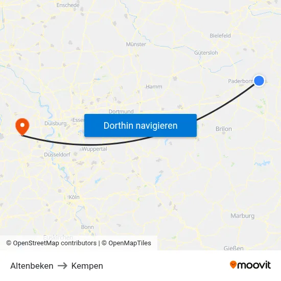 Altenbeken to Kempen map