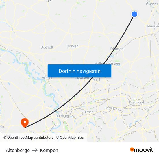 Altenberge to Kempen map