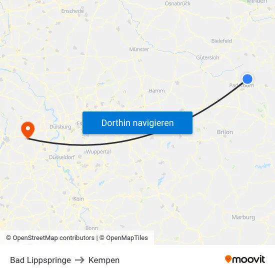 Bad Lippspringe to Kempen map