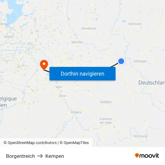 Borgentreich to Kempen map