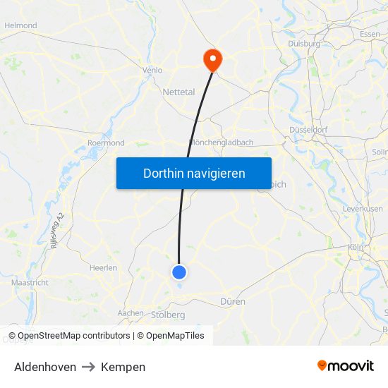 Aldenhoven to Kempen map