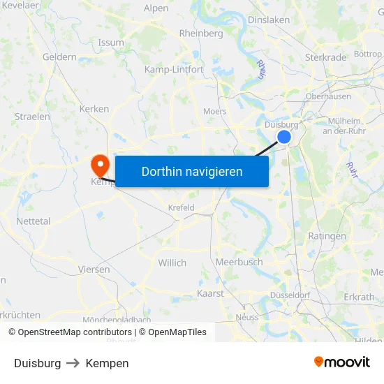 Duisburg to Kempen map