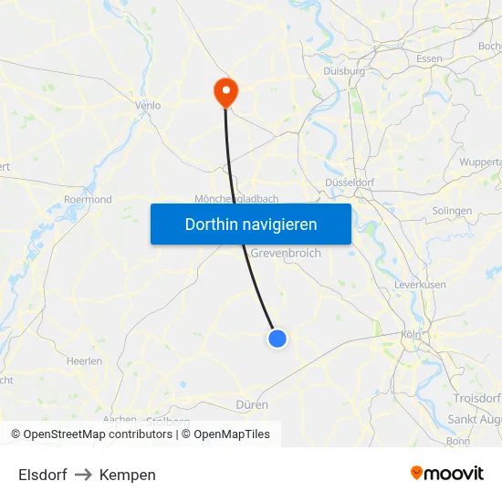Elsdorf to Kempen map