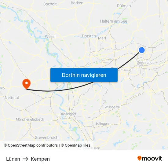 Lünen to Kempen map