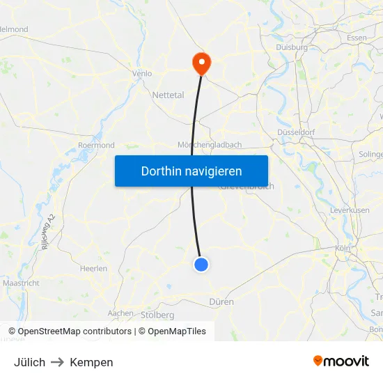 Jülich to Kempen map