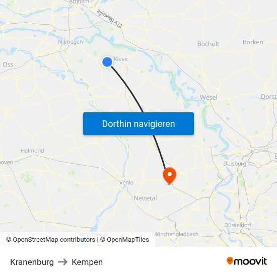Kranenburg to Kempen map