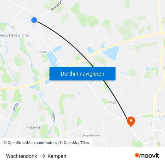 Wachtendonk to Kempen map