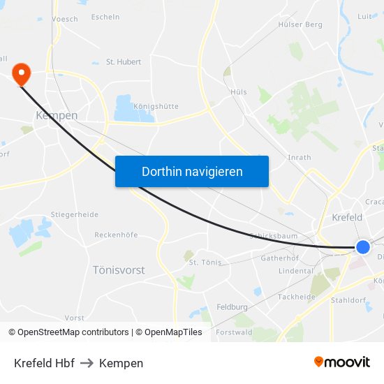 Krefeld Hbf to Kempen map