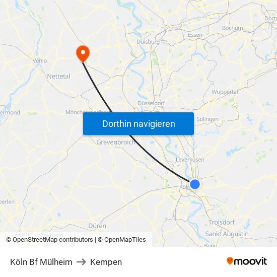 Köln Bf Mülheim to Kempen map