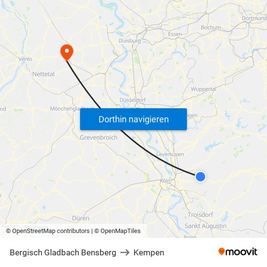 Bergisch Gladbach Bensberg to Kempen map