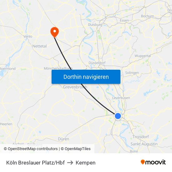 Köln Breslauer Platz/Hbf to Kempen map