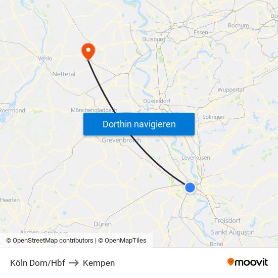 Köln Dom/Hbf to Kempen map