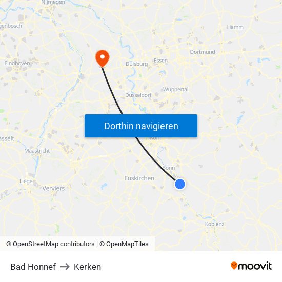 Bad Honnef to Kerken map