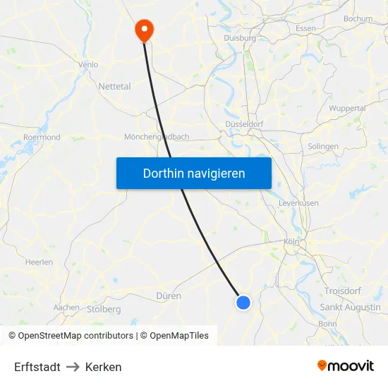 Erftstadt to Kerken map