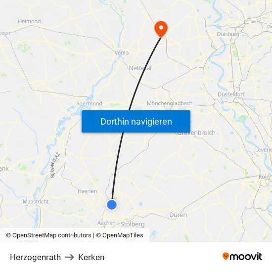Herzogenrath to Kerken map