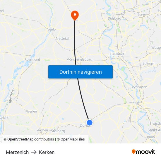 Merzenich to Kerken map