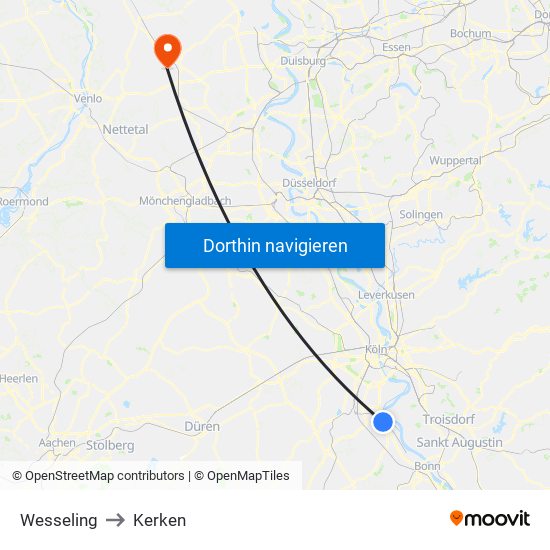 Wesseling to Kerken map