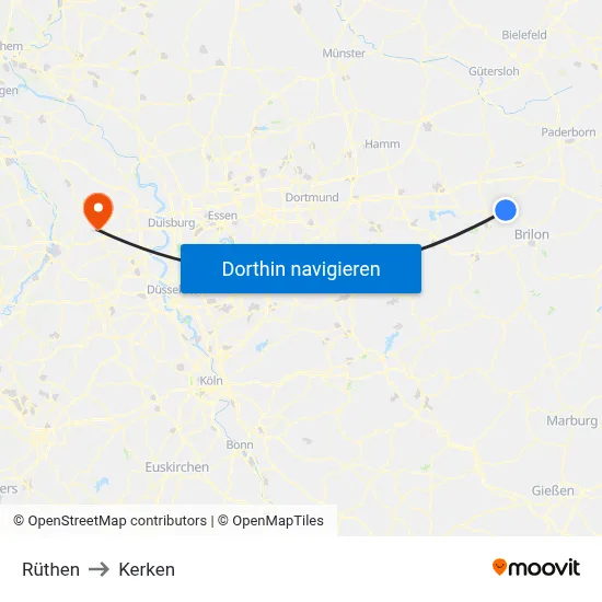 Rüthen to Kerken map