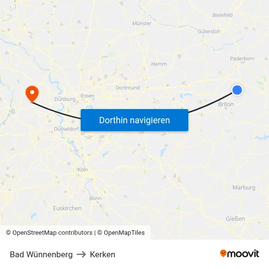 Bad Wünnenberg to Kerken map