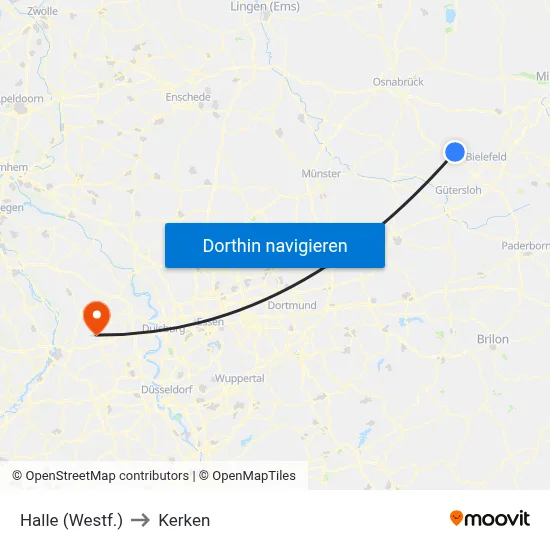 Halle (Westf.) to Kerken map