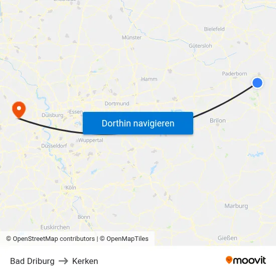 Bad Driburg to Kerken map