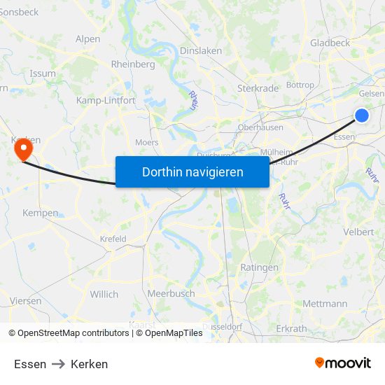 Essen to Kerken map