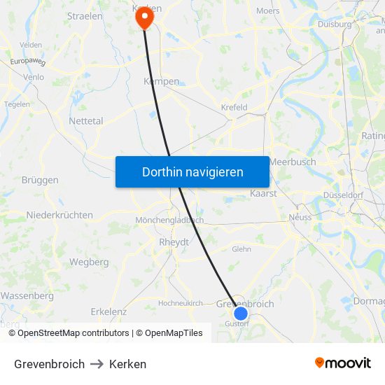 Grevenbroich to Kerken map