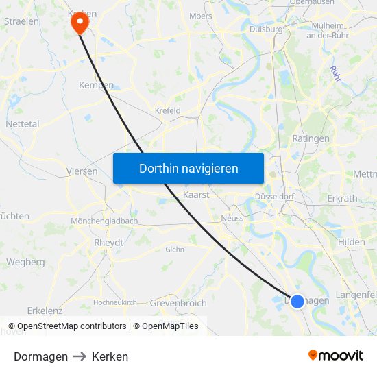 Dormagen to Kerken map