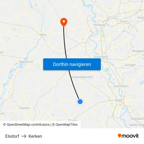 Elsdorf to Kerken map